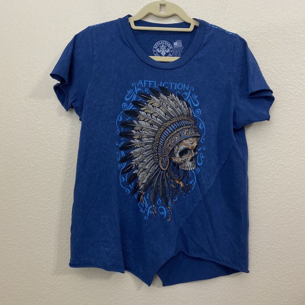 Affliction Shirt Womens Large Graphic Tee Skull Embellished Blue